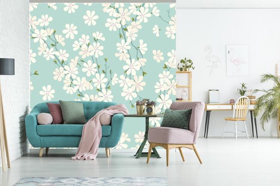 Papier peint photo vinyle - Une illustration de conception florale de fleur de cerisier largeur 240 cm x hauteur 240 cm - Tirage photo sur papier peint (disponible en 7 tailles)