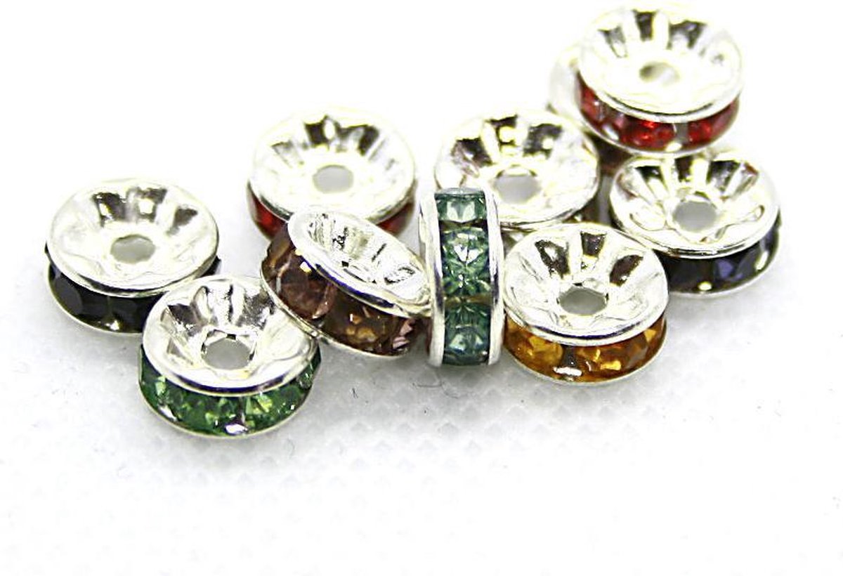 LunaLady Rhinestone spacer beads, mix kleuren met heldere rhinstones, 8x3,5 mm. 20 stuks