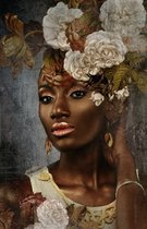 Glasschilderij - Vrouw met bloemen in het haar - 80x120cm - Zwart Wit Bruin -