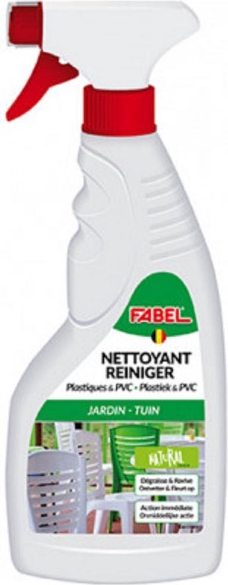 Fabel Nettoyant Reiniger: witte spuitfles met rode dop, groene en witte tuinstoelen op het etiket. Met rode en zwarte tekst: "Jardin - Tuin".