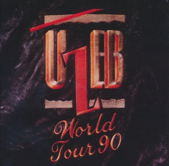 Logo met tekst "UZEB World Tour 90" in gouden letters, met rode accenten.