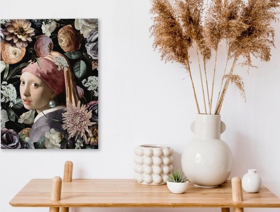 Toile de Oude Meesters - 30 x 40 - Peinture sur toile - Vermeer - Fleurs - Fille avec une boucle d'oreille en perle