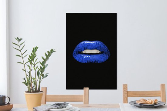 Canvas schilderij 40x60 cm - Wanddecoratie Lippen - Geld - Blauw - Muurdecoratie woonkamer - Slaapkamer decoratie - Kamer accessoires - Schilderijen op canvas