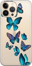 iPhone 13 Pro Max hoesje siliconen - Vlinders blauw - Soft Case Telefoonhoesje - Print / Illustratie - Transparant, Transparant, Blauw