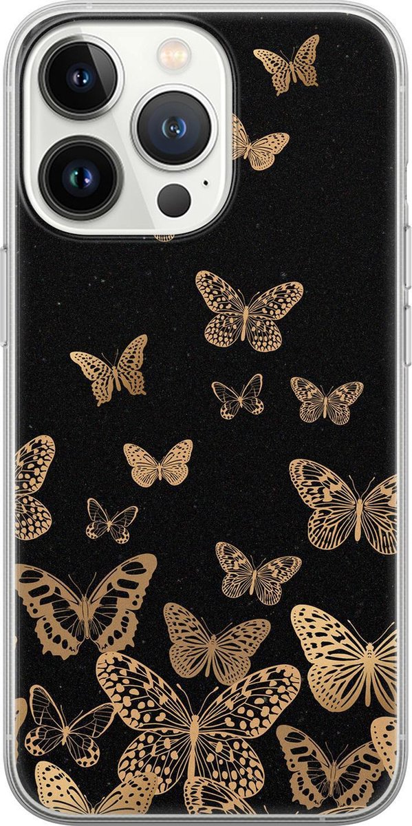 Leuke Telefoonhoesjes - Geschikt voor iPhone 13 Pro - Vlinders - Soft case - TPU - Zwart