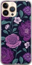 iPhone 13 Pro Max hoesje siliconen - Bloemen paars - Soft Case Telefoonhoesje - Marmer - Transparant, Roze