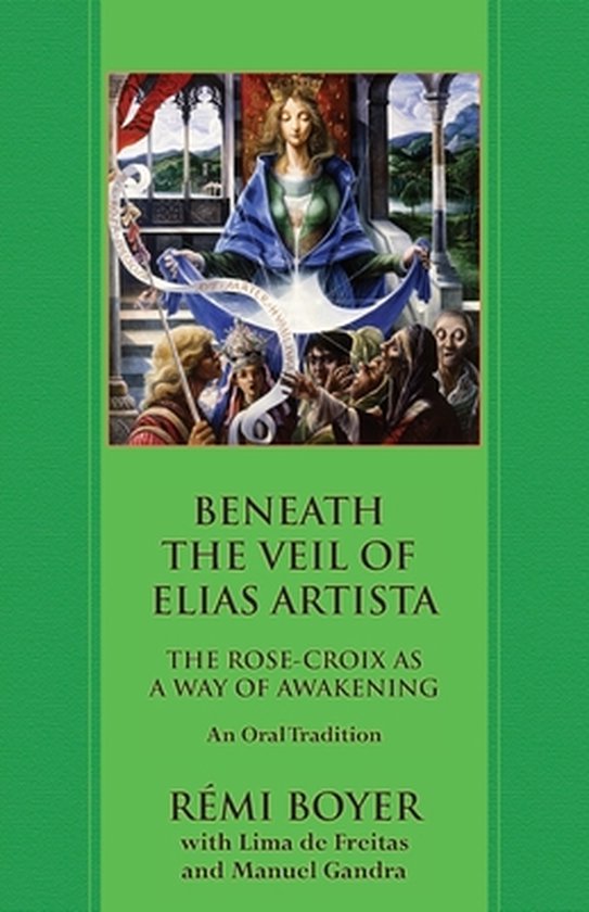 Groene boekomslag met een klassiek schilderij van een gekroonde vrouw en de titel Beneath the Veil of Elias Artista.