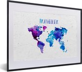 Affiche avec cadre Carte du Wereldkaart - Proverbes - Aquarelle - 40x30 cm