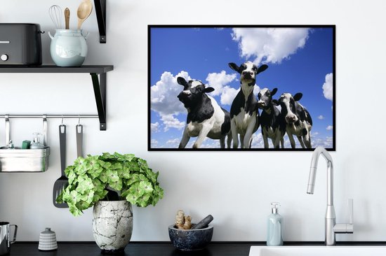 Cadre photo - Quatre vaches frisonnes sous un ciel nuageux Cadre photo noir 60x40 cm - Affiche sous cadre (Décoration murale salon / chambre)