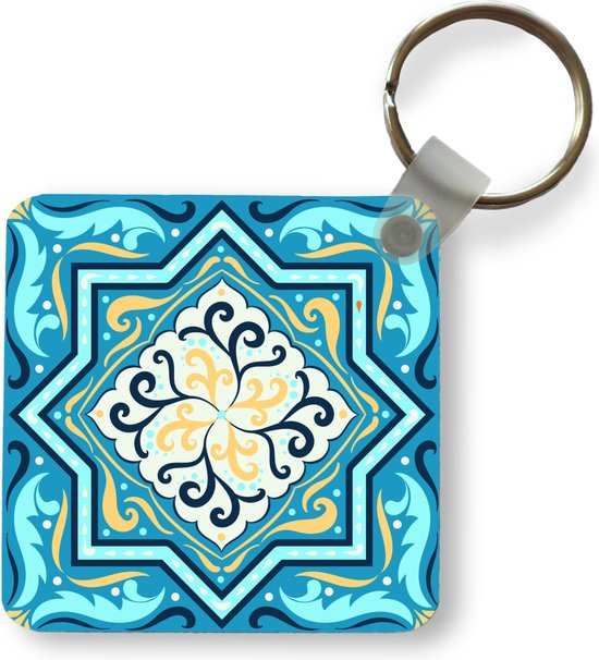 Porte-clés Motif carré 1: 1 - Motif carré avec une étoile et décorations sur fond bleu Porte-clés plastique - Porte-clés carré avec photo