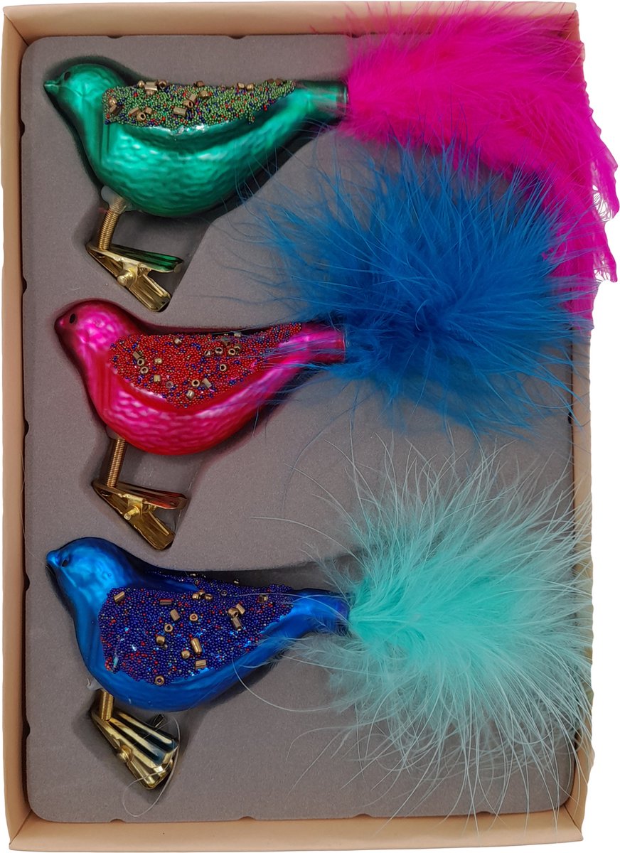 &Klevering - Kerst ornament vogel clip - set van 3 Kerstvogels - Groen - Roze - Blauw