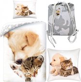 Dekbedovertrek Puppy met Kitten- 140x200- 100% katoen- dekbed hond,kat- kussen 70x90 cm, incl. Sierkussen Pup met Kitten 40x40