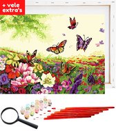 Schilderen op nummer volwassenen met houten frame – Vlinders in Bloementuin - 40x50cm - Paint by Number Volwassenen - Verf op Nummer Volwassenen