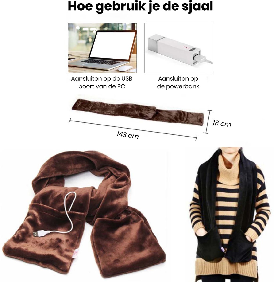 Verwarmde Sjaal - Oplaadbaar - Inclusief Power bank - Elektrische Sjaal - Portable oplader - USB Aansluiting - Unisex - Bloedsomloop Verbeteren - Wintersport - Skiën - Wandelen - Winter - Motorrijden - Thermisch - Fleece - Bruin – foto 6