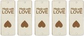 5 luxe PU lederen labels - Made with Love - Ecru - Handgemaakt label set 5 stuks - 5 X 2 CM - vouwbaar