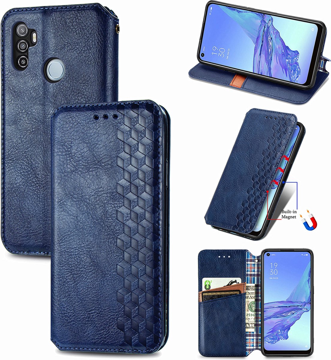 Luxe PU Lederen Ruitpatroon Wallet Case + PMMA Screenprotector voor OPPO A53 4G / A53s 4G _ Blauw