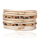 Kaki leren multilayer dames armband met dierenprint