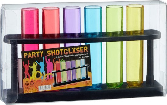 Verres à Decopatent® dans le support - Set de 6 verres à liqueur colorés - Verre à liqueur coloré - Verres à shot à liqueur Party Tube à essai