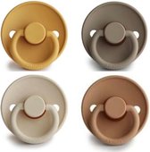 FRIGG | Fopspeen set 4 stuks | T2 | 6-18 maanden | Classic | Silicone | Honey Gold + Portobello + Sandstone + Cappuccino |