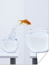 Goudvis die in een grotere vissenkom springt poster papier 30x40 cm - klein - Foto print op Poster (wanddecoratie woonkamer / slaapkamer)