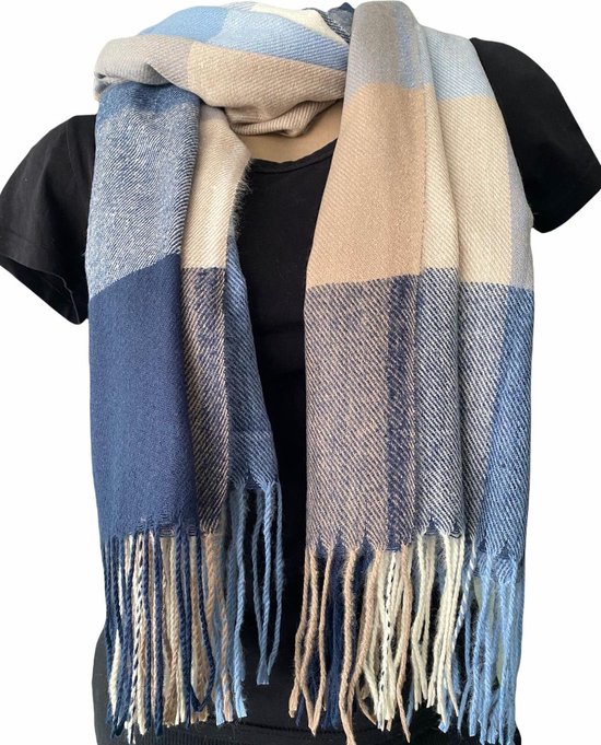 Warme Sjaal - Unisex - Geblokt - Blauw - Beige - 180 x 70 cm (23105#)