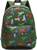 YLX Hemlock rugzak (S) / schooltas voor kinderen. Leger groen met dinosaurussen. Gemaakt van gerecycled plastic. Eco-vriendelijk