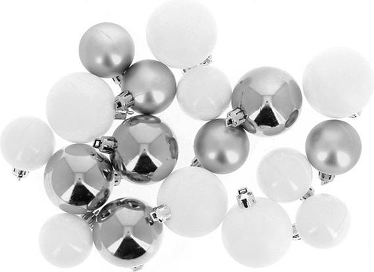 Zilveren kerstballen / wit 18 stks Ø3cm / Ø5cm - Plastic - Zilver - SILUMEN