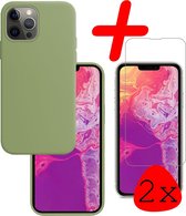 iPhone 13 Pro Hoesje Siliconen Met 2x Screenprotector Tempered Glass - iPhone 13 Pro Screen Protector 2x Beschermglas Full Screen Hoes Back Case - Groen