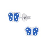 Joy|S - Zilveren vlinder oorbellen - blauw met witte stipjes
