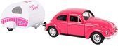 auto Volkswagen Beetle 21 cm staal roze/wit 2-delig