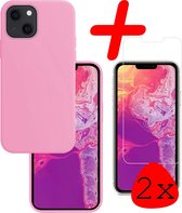 Hoes Geschikt voor iPhone 13 Hoesje Siliconen Back Cover Case Met 2x Screenprotector - Hoesje Geschikt voor iPhone 13 Hoes Cover Hoesje - Lichtroze