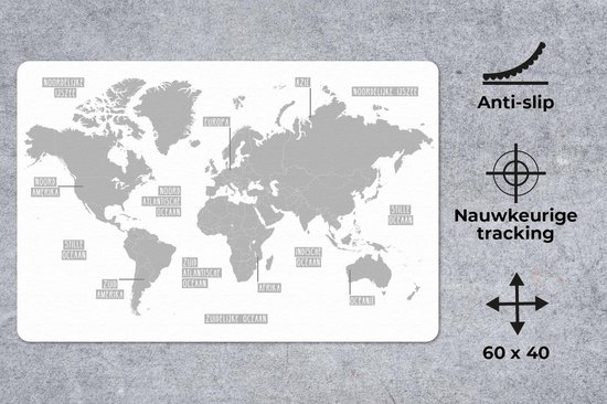 Bureau onderlegger 60x40 cm - Muismat Licht grijze wereldkaart - zwart wit - Bureaulegger xl - Desk mat beschermer - Computer muismatten