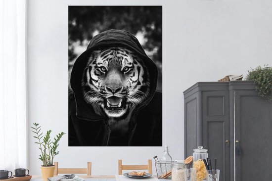 Affiche Tigre avec une capuche - noir et blanc - 120x180 cm XXL