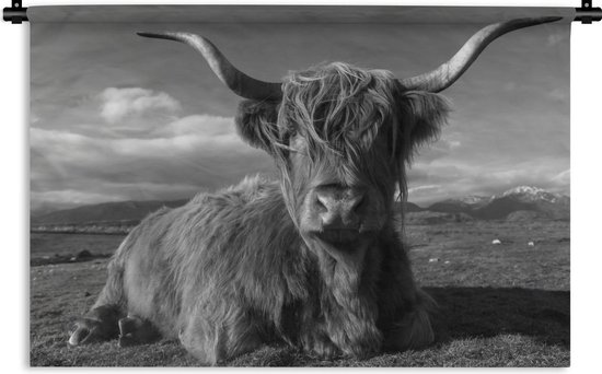 Wandkleed - Wanddoek - Liggende Schotse hooglander - zwart wit - 90x60 cm - Wandtapijt