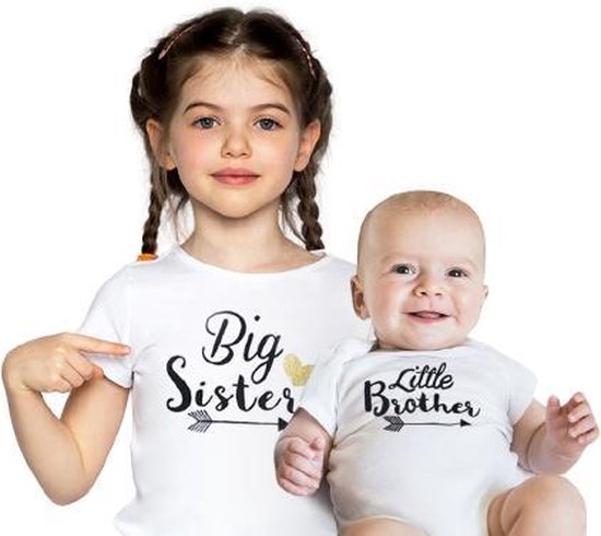 BIG SISTER T-shirt - Grote zus T-shirt - (leeftijd ca. 4-5 jaar) & LITTLE BROTHER romper – set van 2