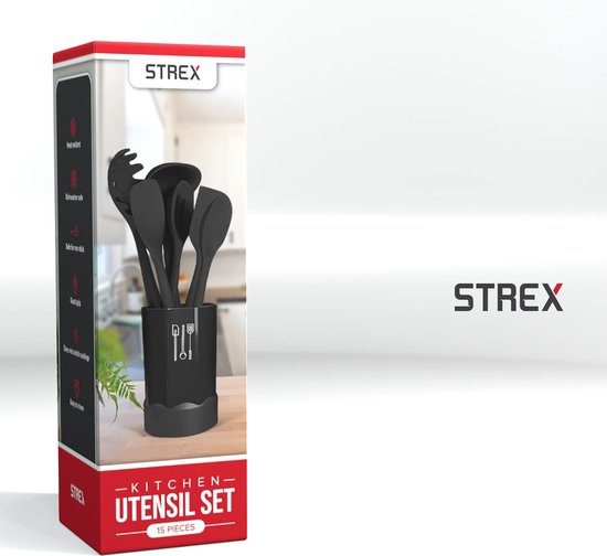 Strex Keukengerei Set met Houder 15 delig - Hittebestendig / BPA Vrij / Siliconen - Keuken Gerei