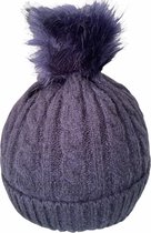 Warme Dames Muts - Beanie - Zachte Teddy Voering - Pompon - Blauw - One Size