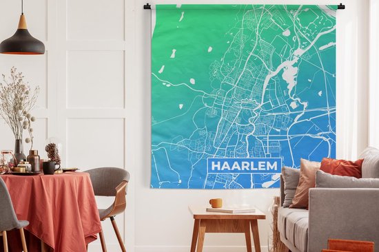Wandkleed - Wanddoek - Stadskaart - Haarlem - Blauw - Groen - 180x180 cm - Wandtapijt - Plattegrond