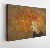 Kunst kleurrijk schilderij mooi meisje gezicht met rood krullend haar op bruine achtergrond - Modern Art Canvas - Horizontaal - 130143674 - 50*40 Horizontal