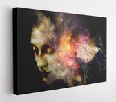 Onlinecanvas - Schilderij - Surrealistische Vrouw Portret Gemaakt Bladeren En Fractal Wolken Moderne Horizontaal Horizontal - Multicolor - 50 X 40 Cm