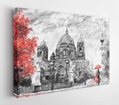 Olieverf op doek, Berlijns straatbeeld, Kunstwerk Europees landschap in zwart, wit en rood. Mannen en vrouwen onder paraplu's. Bomen, Toren, Kathedraal - Modern Art Canvas - Horizontaal - 513