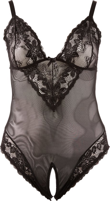 Foto: Cottelli plus size sexy body met open kruis en kanten motieven langs randen voor speciale dates maat 3xl zwart