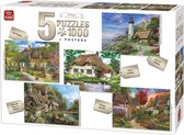 King 5 x 1000 Stukjes Puzzel (68 x 49 cm) - Cottage Collection - 5in1 Legpuzzel Cottages + Posters