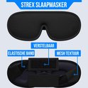 Zwart Strex slaapmasker met verstelbare elastische band en mesh textuur.