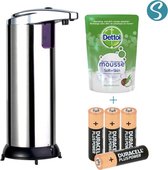 Fancy Comfort set - Automatische zeepdispenser - Met Dettol Aloë Vera & Coco zeep - Met batterijen - No touch - Verchroomd - RVS - Zeepdispenser met sensor - 280ml - Zeeppompje