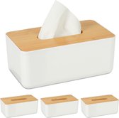 Relaxdays 4x tissue box - kunststof - tissuehouder - deksel van bamboe - zakdoekjesdoos