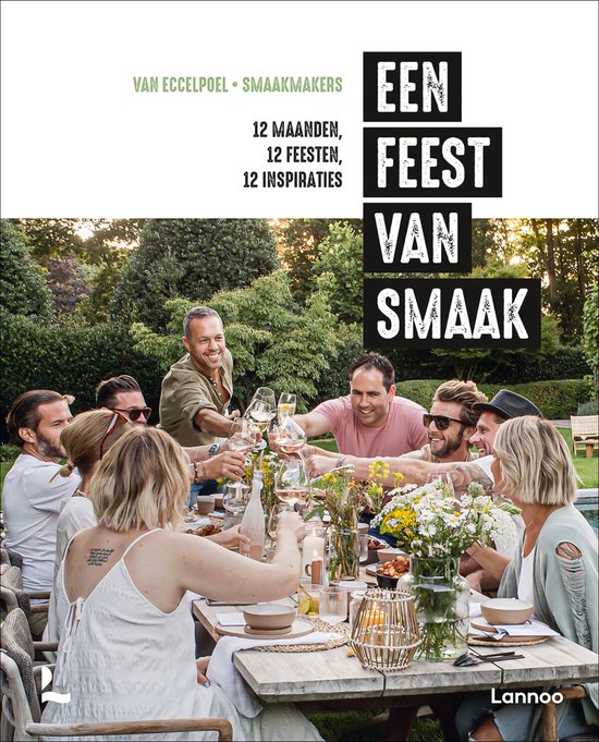Boekomslag met de titel "Een feest van smaak". Groep vrienden die toasten aan een tafel gedekt voor een feestmaal in de tuin.