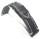 Horlogeband - Echt Leer - 22 mm - zwart - wit stiksel- Stoer