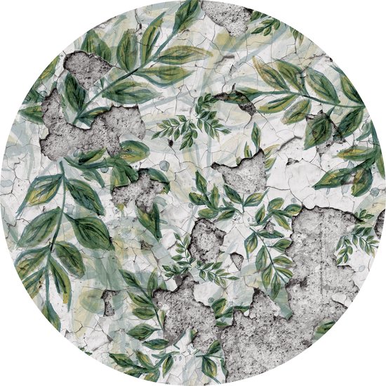 Papier peint non tissé - Wall Circle Aspect Béton avec Feuilles - Vinyl Wall Circle sur Papier Peint Intissé - Ø 91 cm