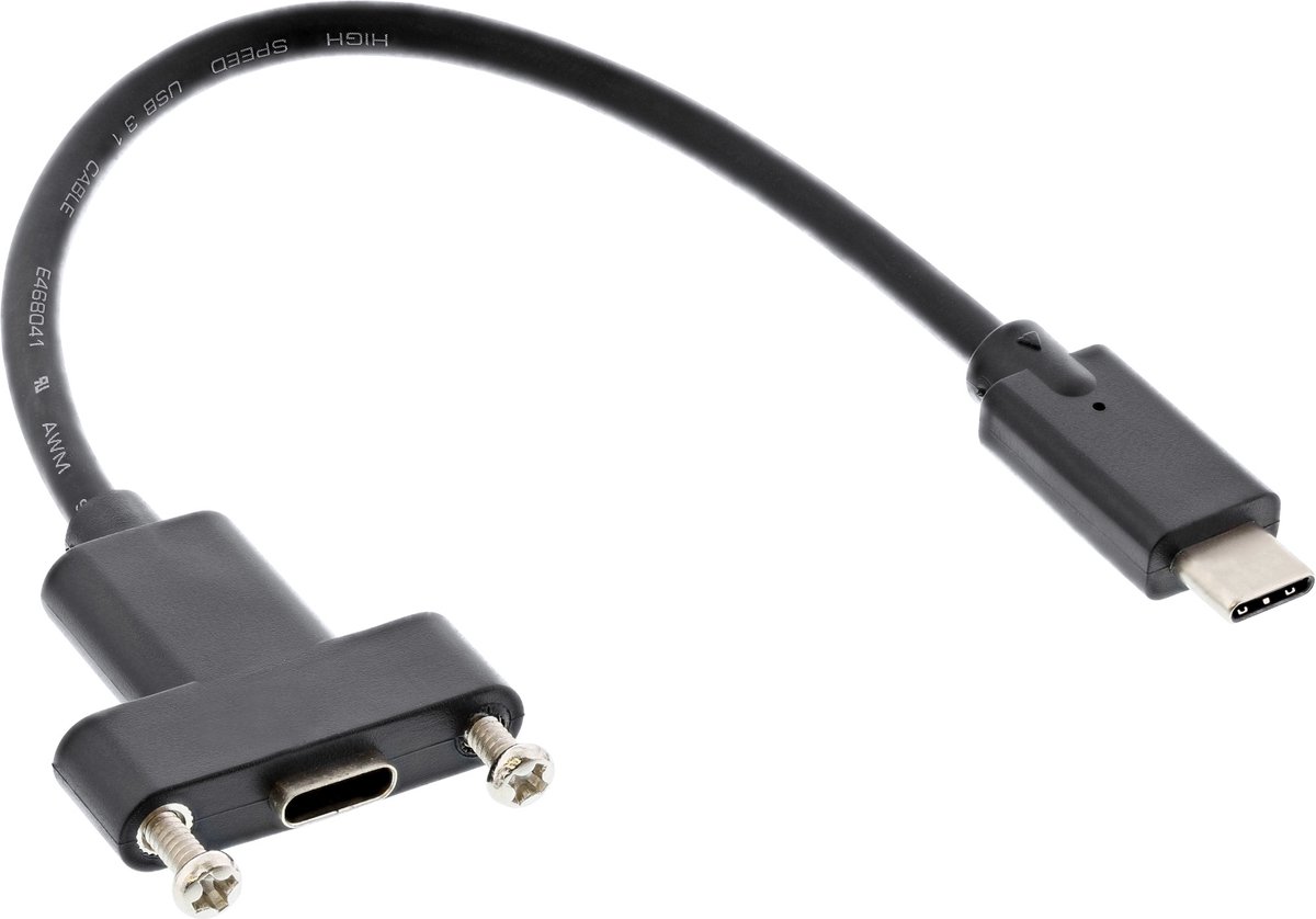 USB-C (m) naar USB-C (v) inbouw adapter - USB3.2 (tot 10 Gbit/s) - PD tot 20V/5A / zwart - 0,20 meter